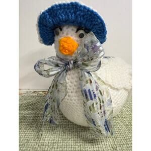 Vintage handmade Crochet Duck Plush Blue Bonnet Cottagecore Decor Toy
